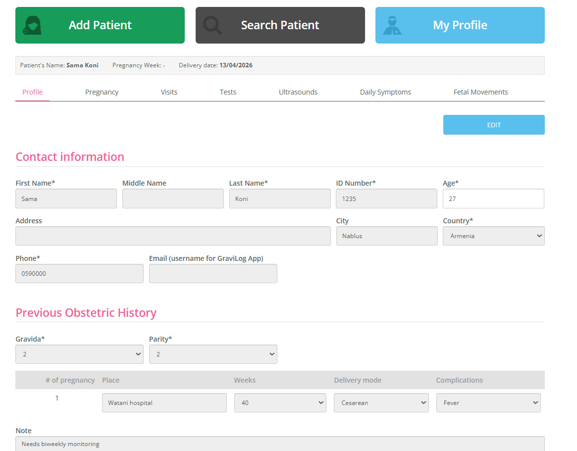 Patient profile screen